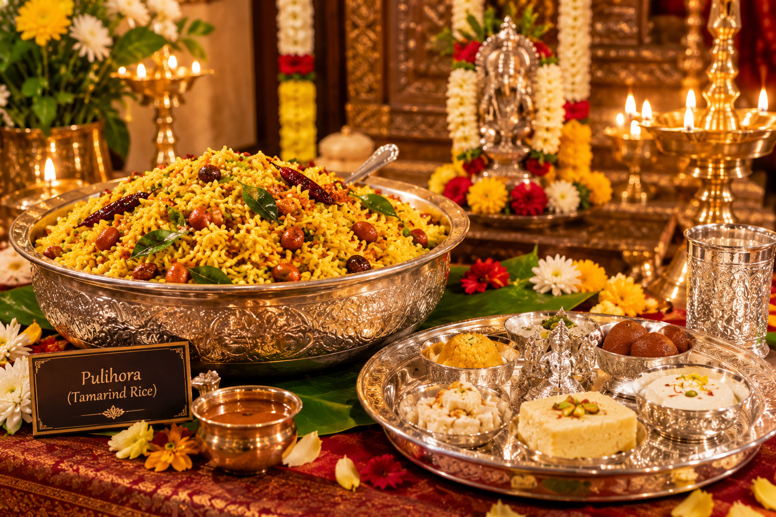 Traditional South Indian Pulihora and thali for an auspicious occasion.